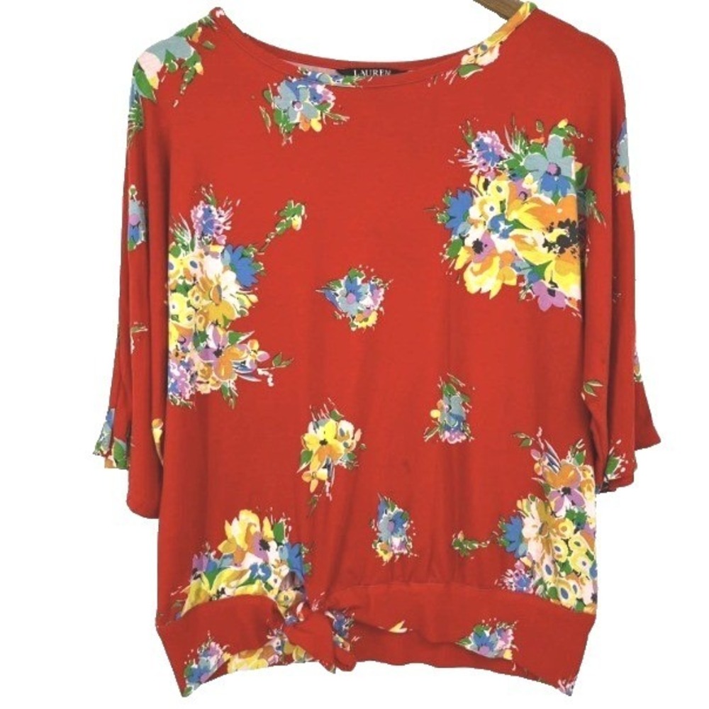 Lauren Ralph Lauren Red Floral Batwing Sleeve Side Tie Knit Top Small - Picture 4 of 6